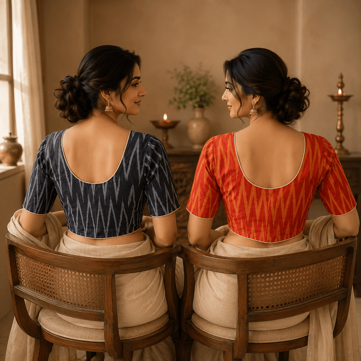 Ikkat Cotton Saree Blouse – Ready to Wear, Pack of 2