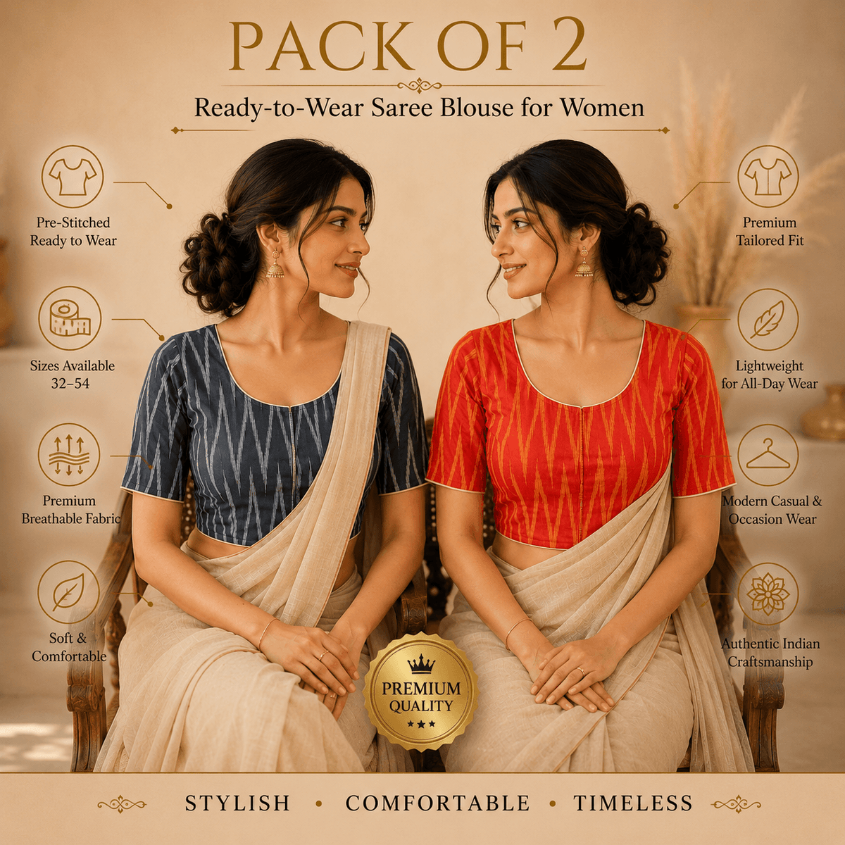 Ikkat Cotton Saree Blouse – Ready to Wear, Pack of 2