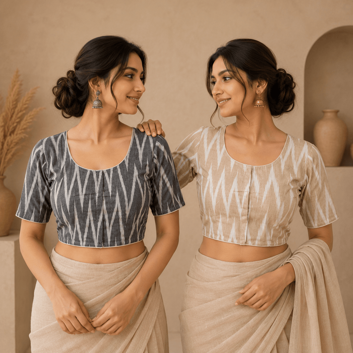 Ikkat Cotton Saree Blouse – Ready to Wear, Pack of 2