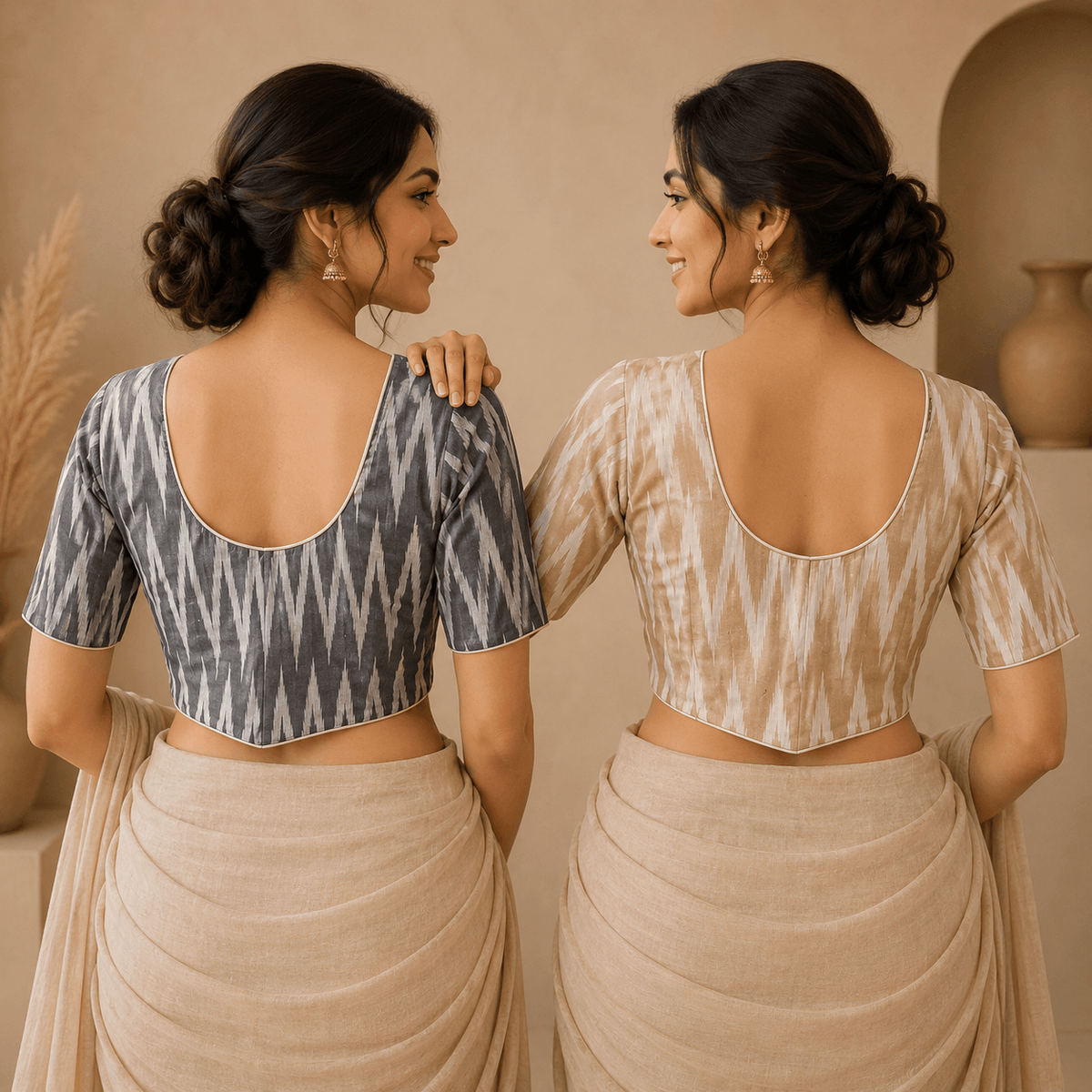Ikkat Cotton Saree Blouse – Ready to Wear, Pack of 2