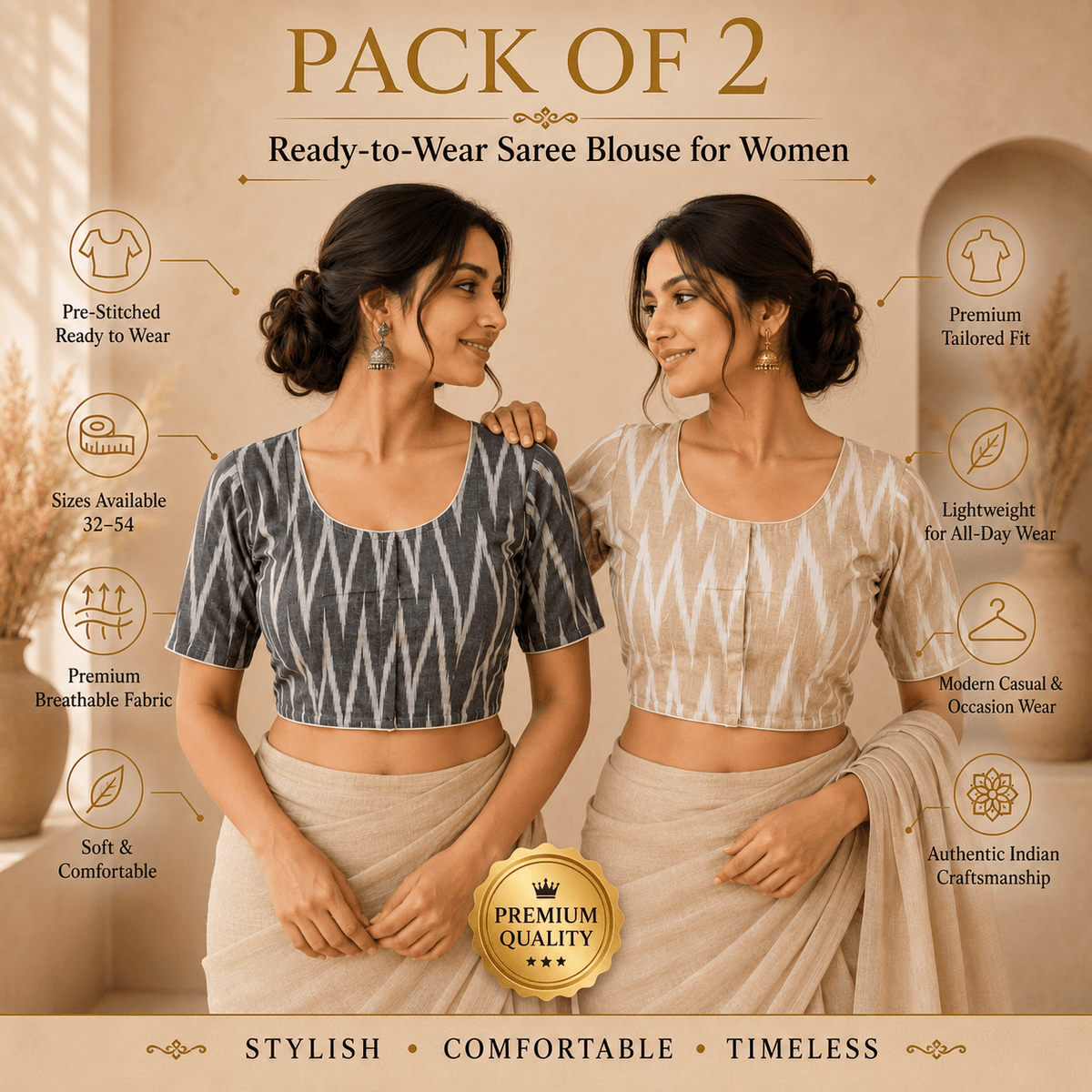 Ikkat Cotton Saree Blouse – Ready to Wear, Pack of 2