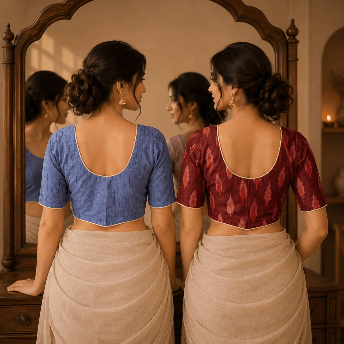 Ikkat Cotton Saree Blouse – Ready to Wear, Pack of 2