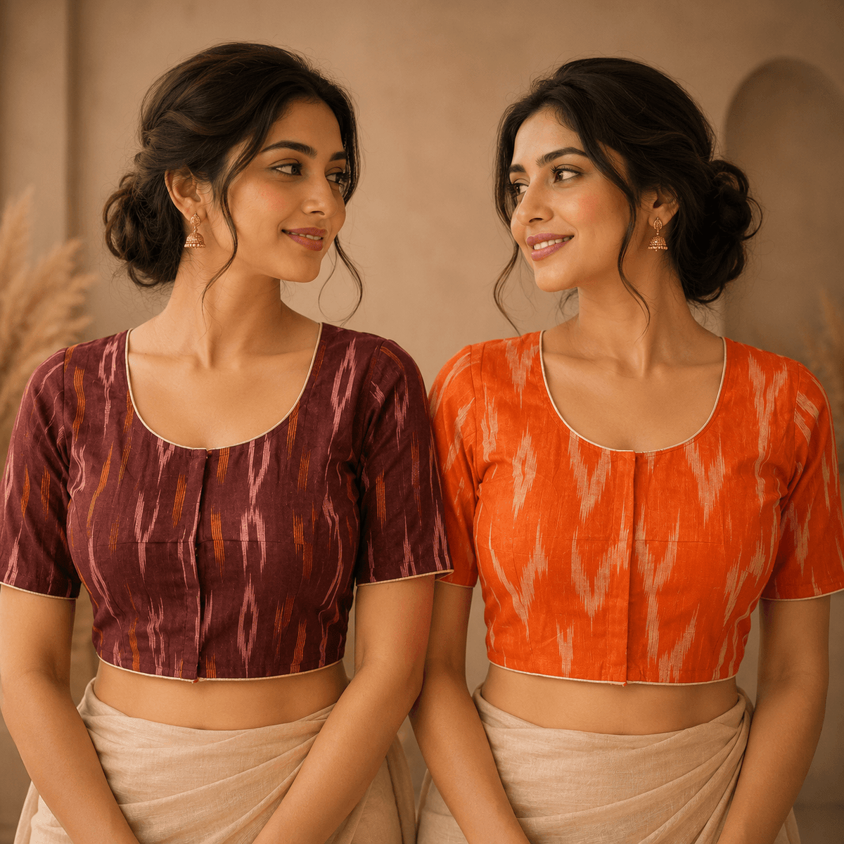 Ikkat Cotton Saree Blouse – Ready to Wear, Pack of 2