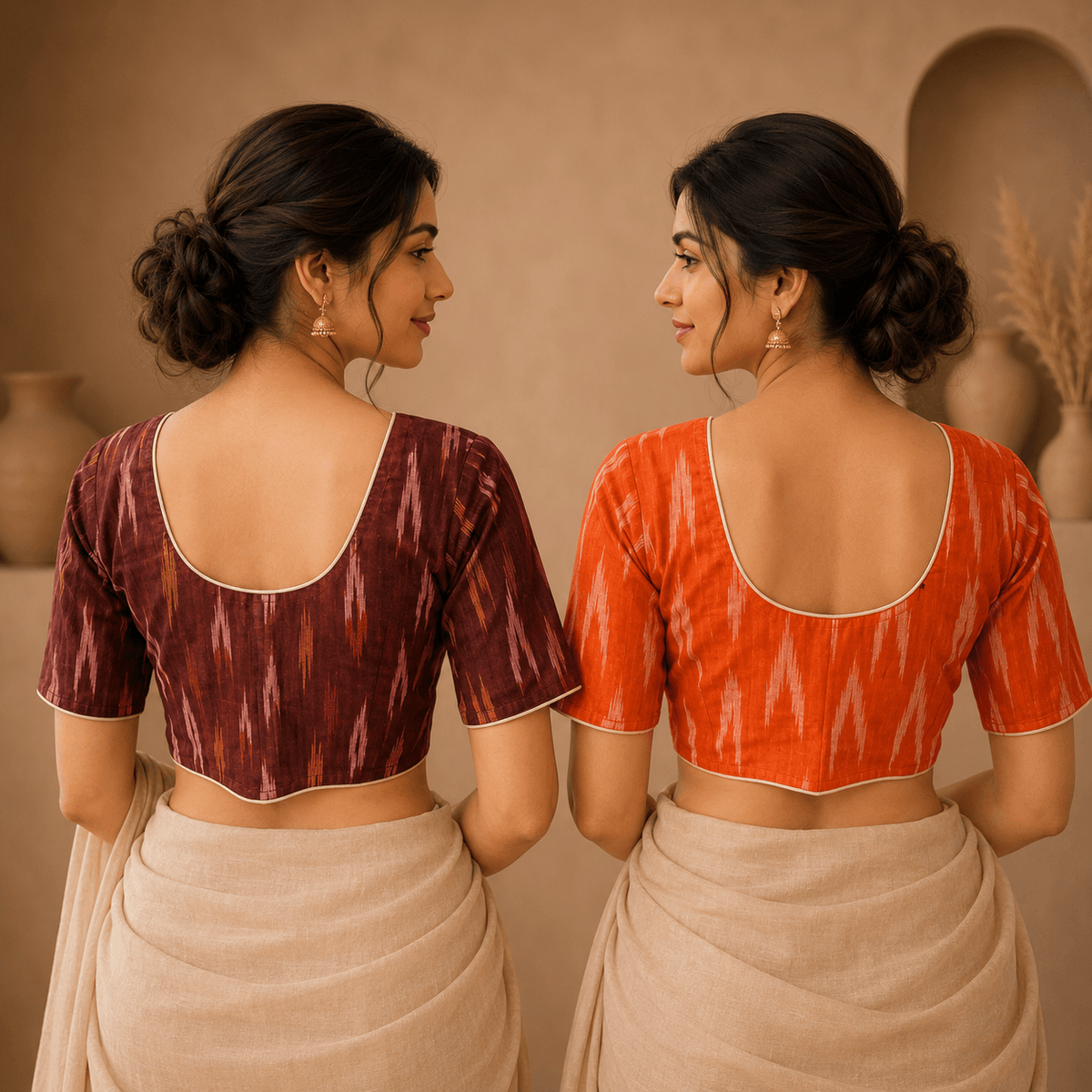 Ikkat Cotton Saree Blouse – Ready to Wear, Pack of 2