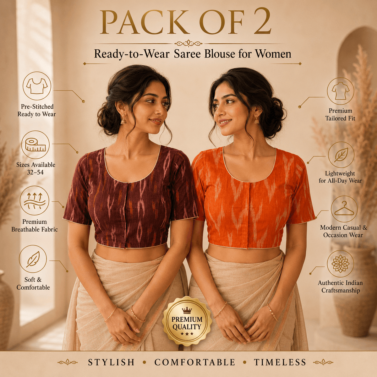 Ikkat Cotton Saree Blouse – Ready to Wear, Pack of 2
