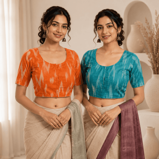 Ikkat Cotton Saree Blouse – Ready to Wear, Pack of 2