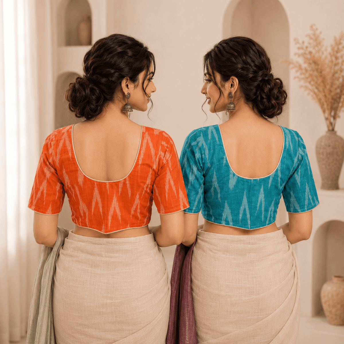 Ikkat Cotton Saree Blouse – Ready to Wear, Pack of 2