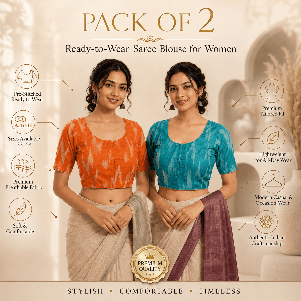 Ikkat Cotton Saree Blouse – Ready to Wear, Pack of 2