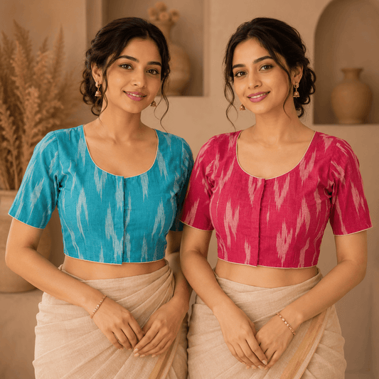 Ikkat Cotton Saree Blouse – Ready to Wear, Pack of 2