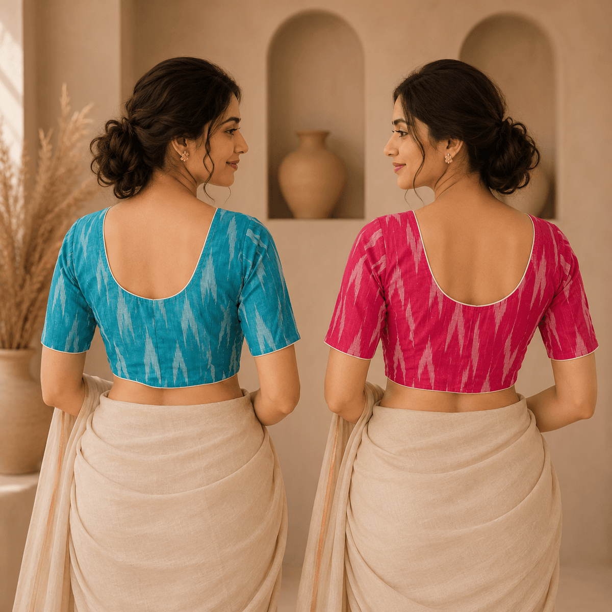 Ikkat Cotton Saree Blouse – Ready to Wear, Pack of 2
