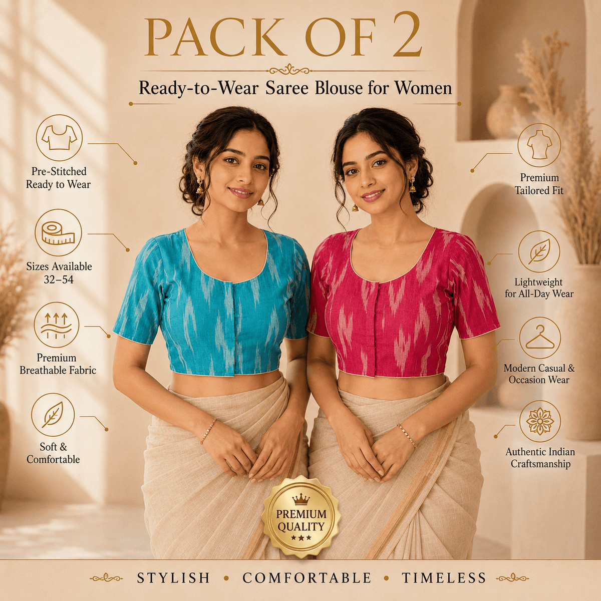 Ikkat Cotton Saree Blouse – Ready to Wear, Pack of 2