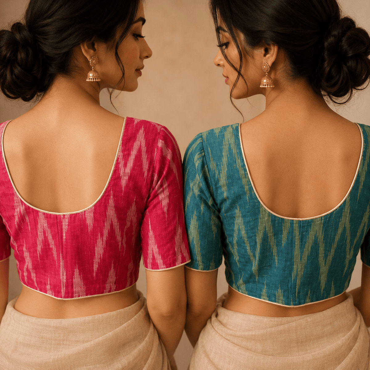 Ikkat Cotton Saree Blouse – Ready to Wear, Pack of 2