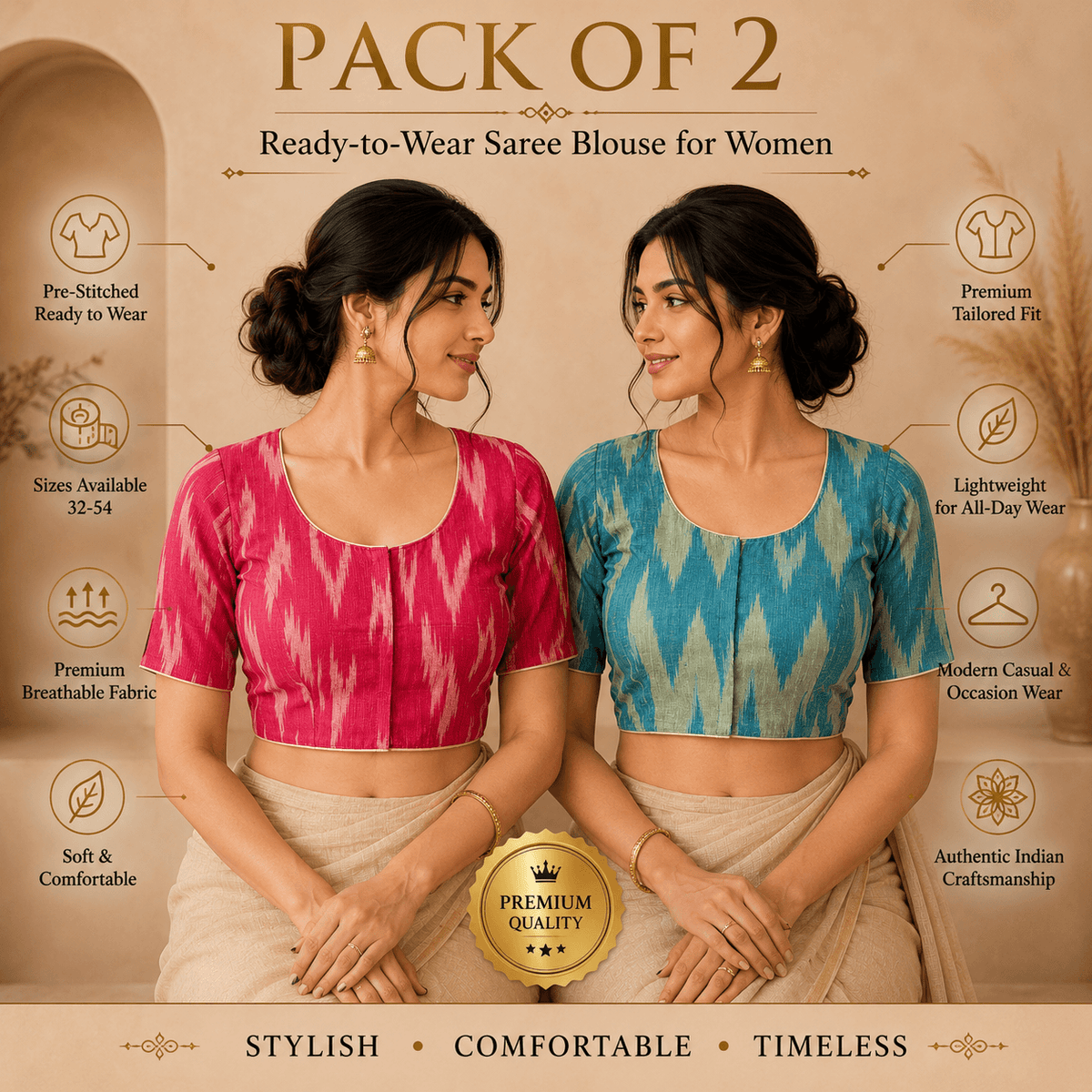 Ikkat Cotton Saree Blouse – Ready to Wear, Pack of 2