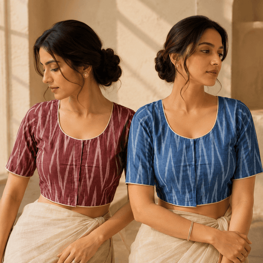 Ikkat Cotton Saree Blouse – Ready to Wear, Pack of 2