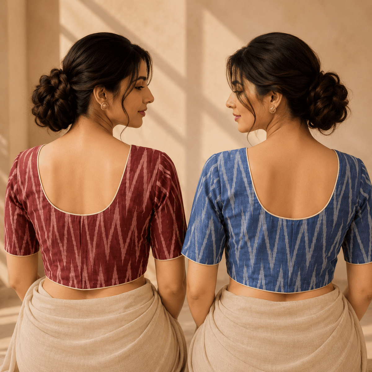 Ikkat Cotton Saree Blouse – Ready to Wear, Pack of 2