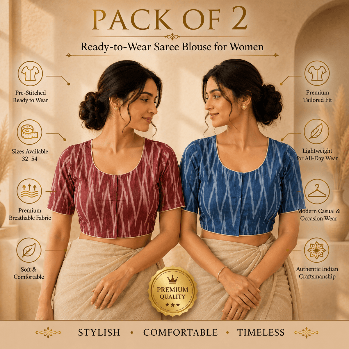 Ikkat Cotton Saree Blouse – Ready to Wear, Pack of 2