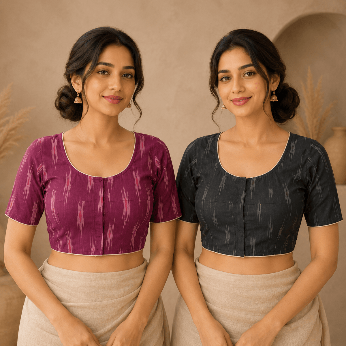 Ikkat Cotton Saree Blouse – Ready to Wear, Pack of 2