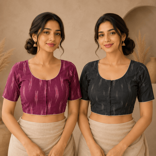 Ikkat Cotton Saree Blouse – Ready to Wear, Pack of 2