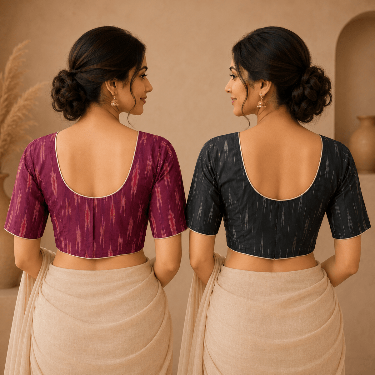 Ikkat Cotton Saree Blouse – Ready to Wear, Pack of 2
