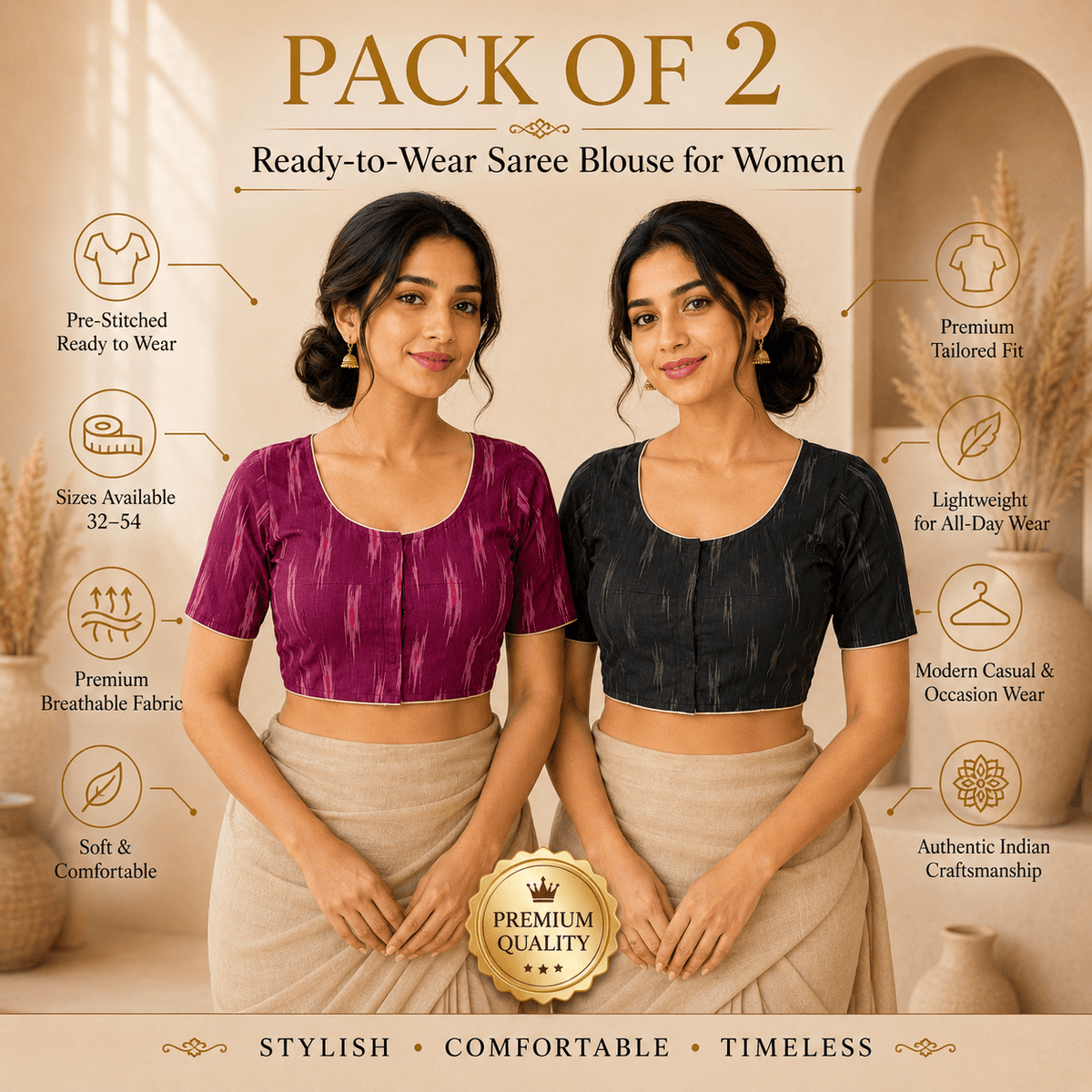 Ikkat Cotton Saree Blouse – Ready to Wear, Pack of 2