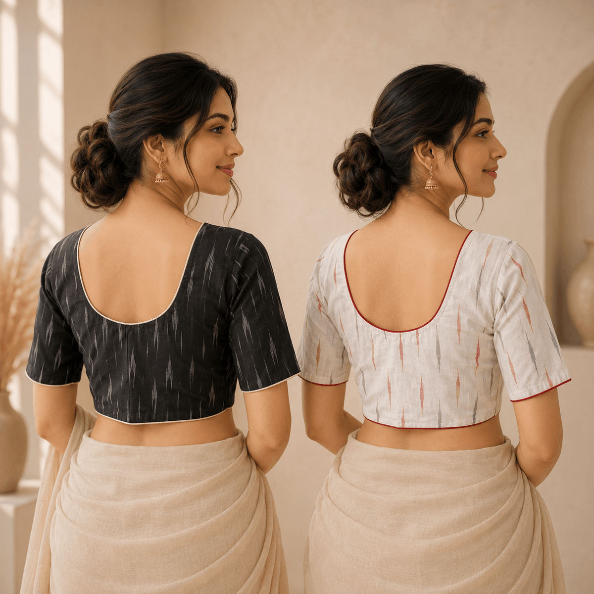 Ikkat Cotton Saree Blouse – Ready to Wear, Pack of 2