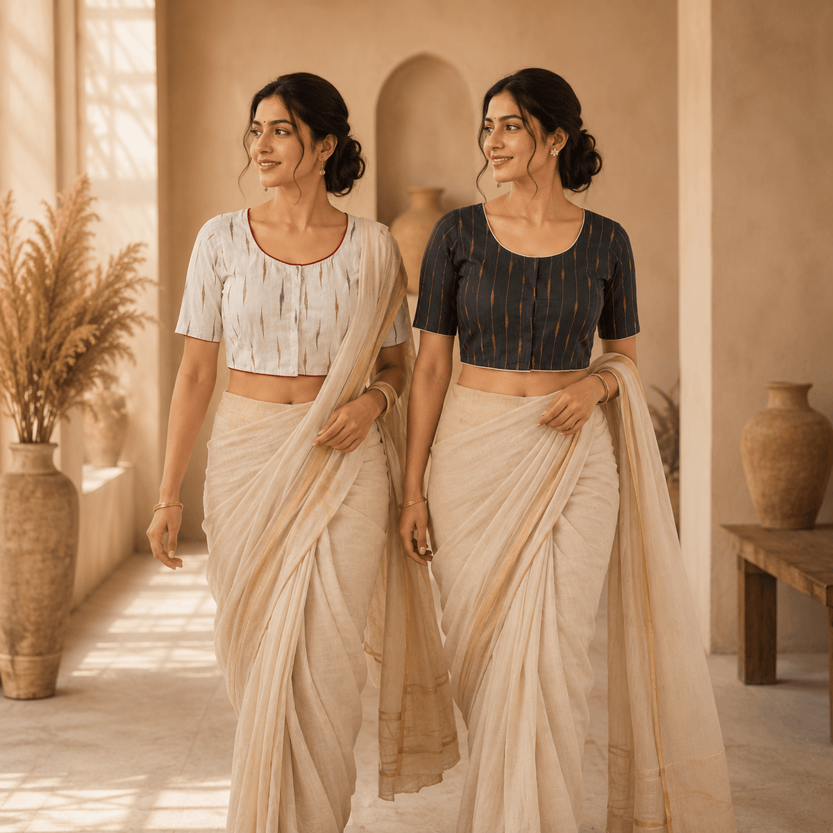 Ikkat Cotton Saree Blouse – Ready to Wear, Pack of 2