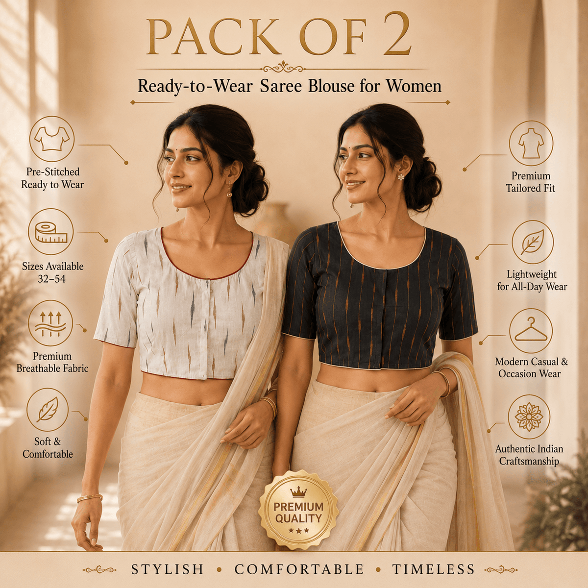 Ikkat Cotton Saree Blouse – Ready to Wear, Pack of 2