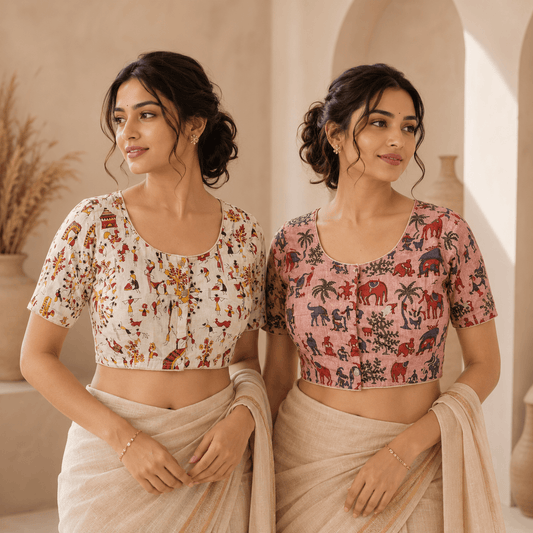 Madhubani Cotton Saree Blouse – Ready to Wear, Pack of 2