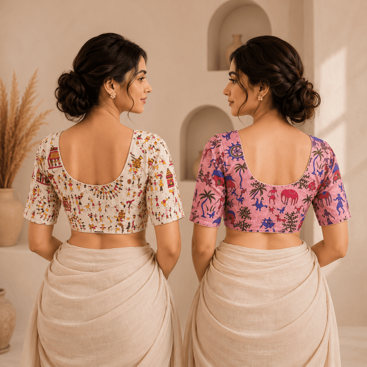Madhubani Cotton Saree Blouse – Ready to Wear, Pack of 2