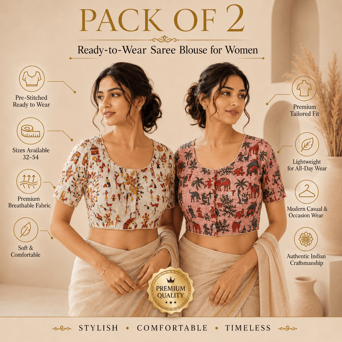 Madhubani Cotton Saree Blouse – Ready to Wear, Pack of 2