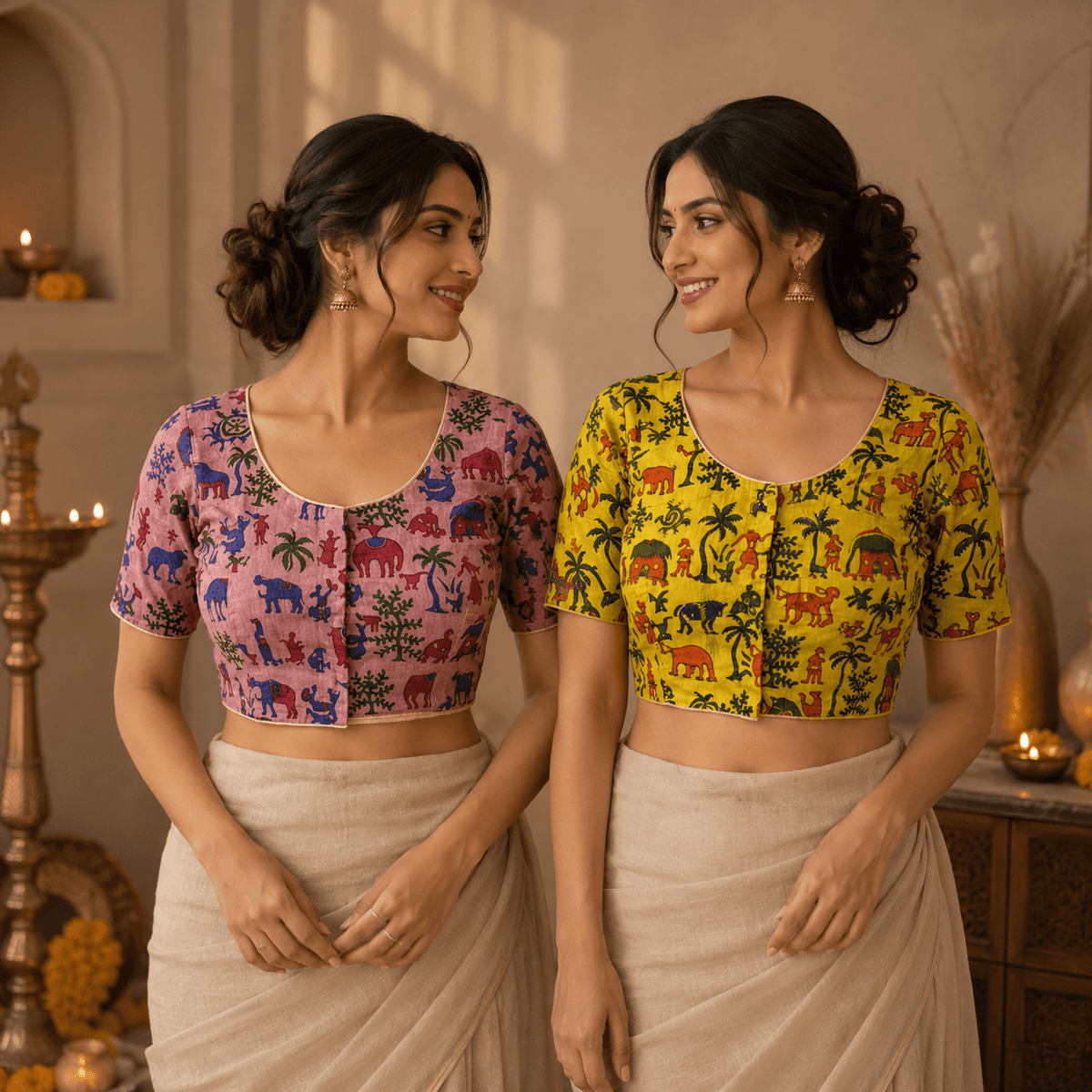 Madhubani Cotton Saree Blouse – Ready to Wear, Pack of 2