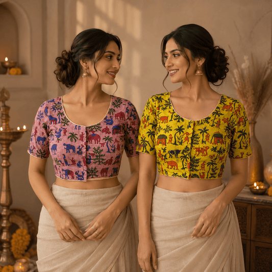 Madhubani Cotton Saree Blouse – Ready to Wear, Pack of 2