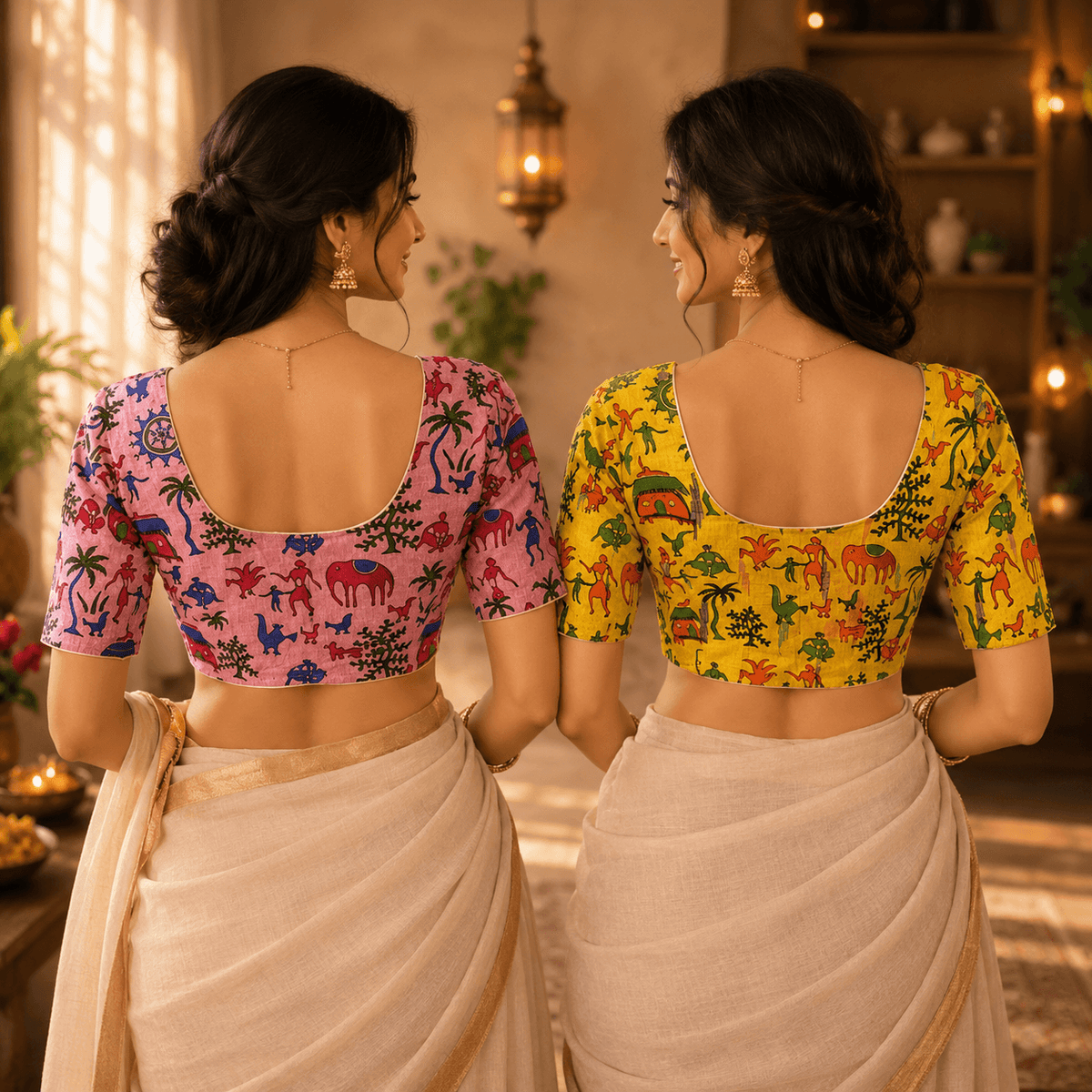 Madhubani Cotton Saree Blouse – Ready to Wear, Pack of 2