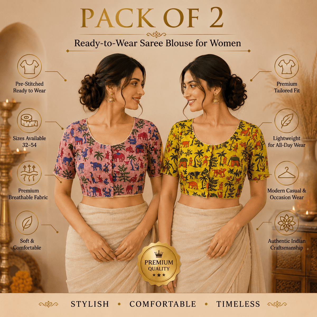 Madhubani Cotton Saree Blouse – Ready to Wear, Pack of 2