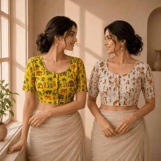 Madhubani Cotton Saree Blouse – Ready to Wear, Pack of 2