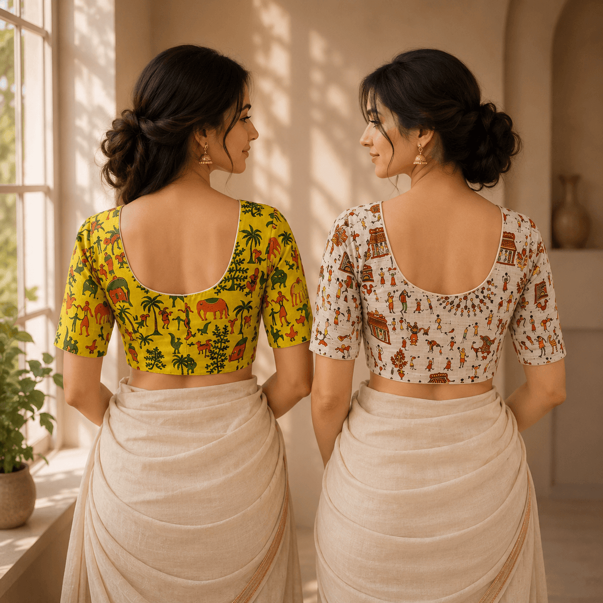 Madhubani Cotton Saree Blouse – Ready to Wear, Pack of 2