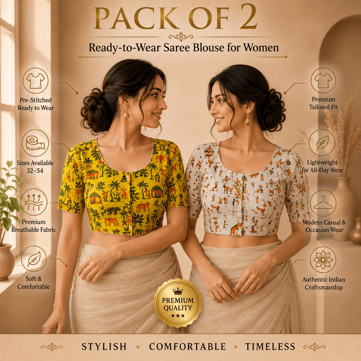 Madhubani Cotton Saree Blouse – Ready to Wear, Pack of 2
