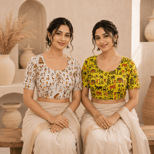 Madhubani Cotton Saree Blouse – Ready to Wear, Pack of 2