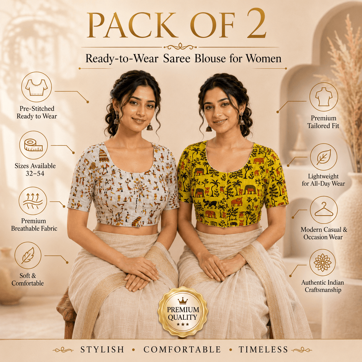 Madhubani Cotton Saree Blouse – Ready to Wear, Pack of 2