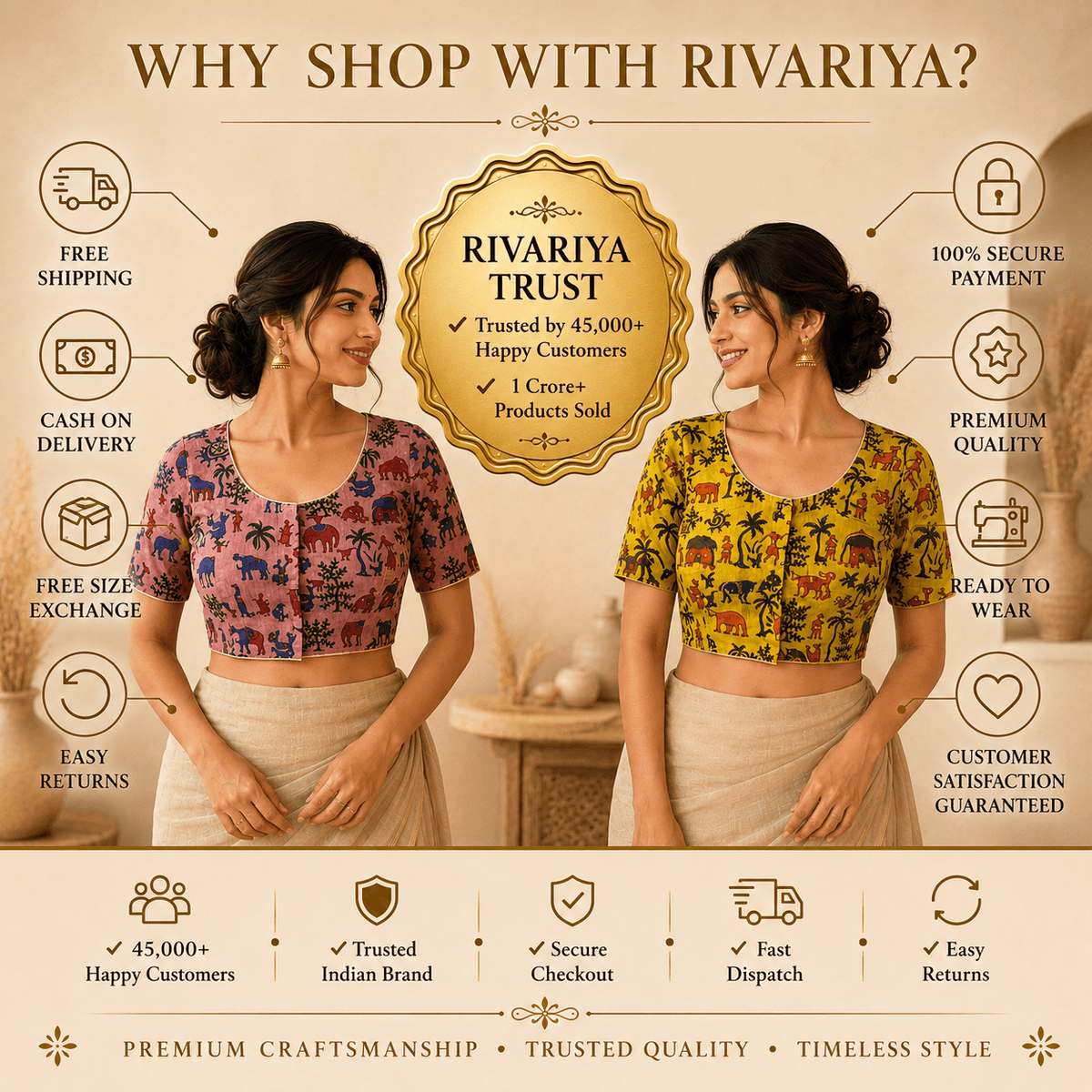 Ikkat Cotton Saree Blouse – Ready to Wear, Pack of 2